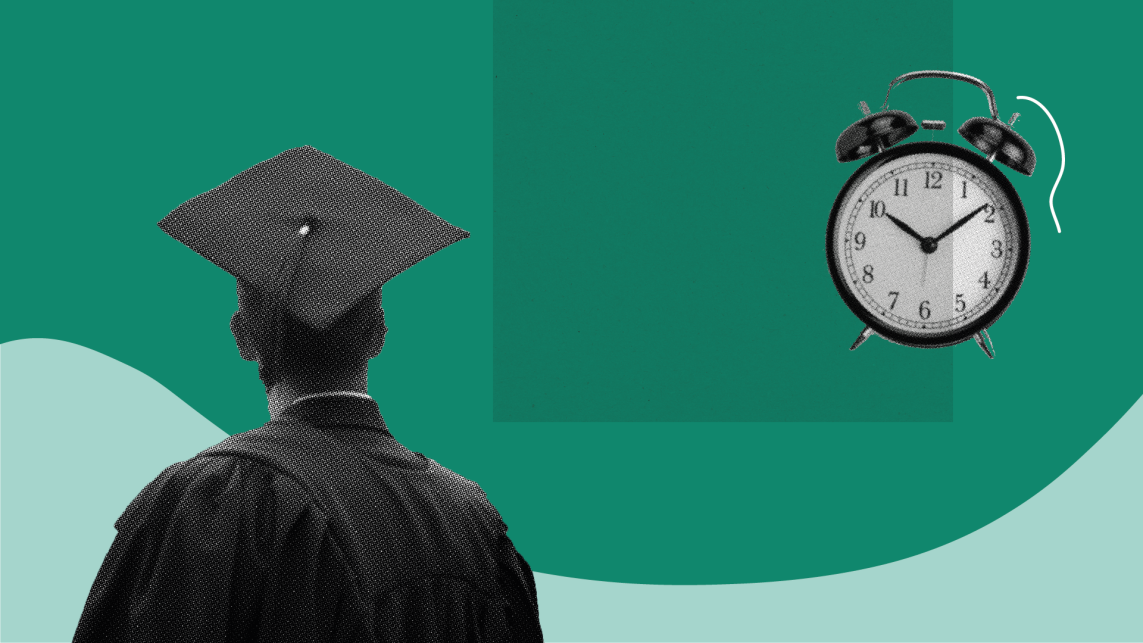Graduate wearing a gown and mortar board and a ringing alarm clock