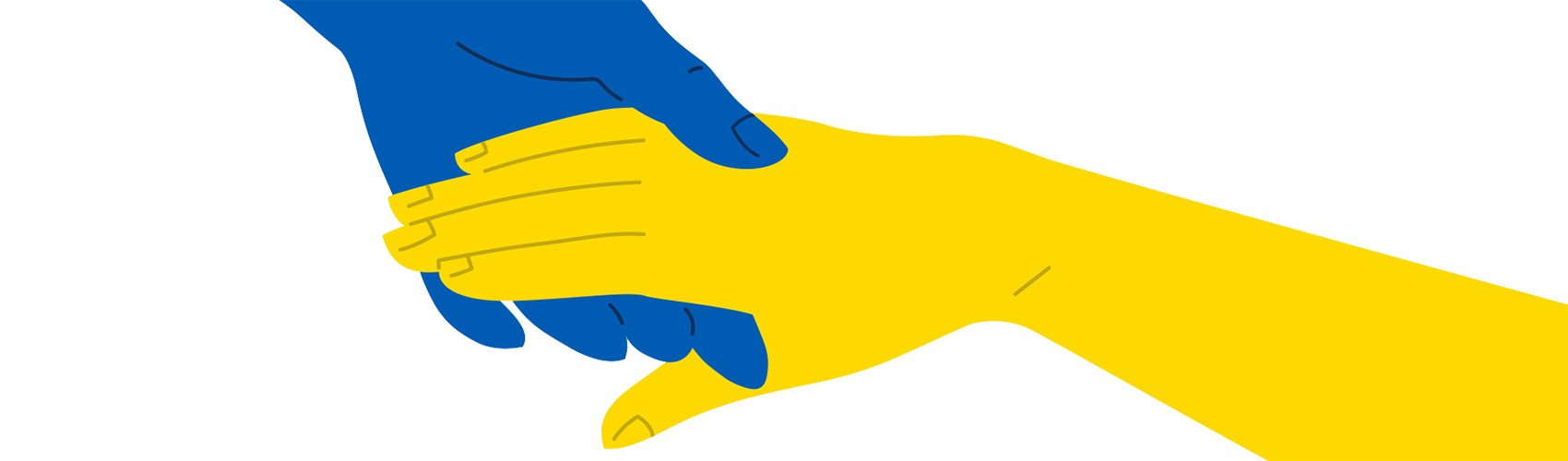 Two hands clasped together, one blue and one yellow