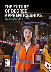 Cover of report 'The future of degree apprenticeships' with a photo of a woman in a workplace wearing an orange high visibility jacket.