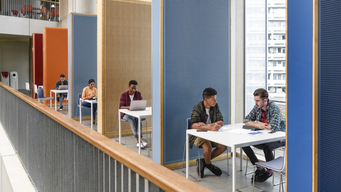 Students working in modern study cubicles at FE college