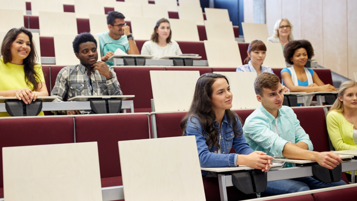 A cohort of international students sitting in a lecture theatre