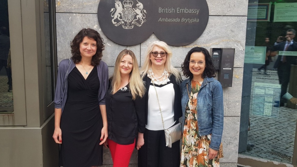 Colleagues from the twinning partnership between Newcastle University and National University of Water and Environmental Engineering standing in front of the British Embassy in Ukraine.