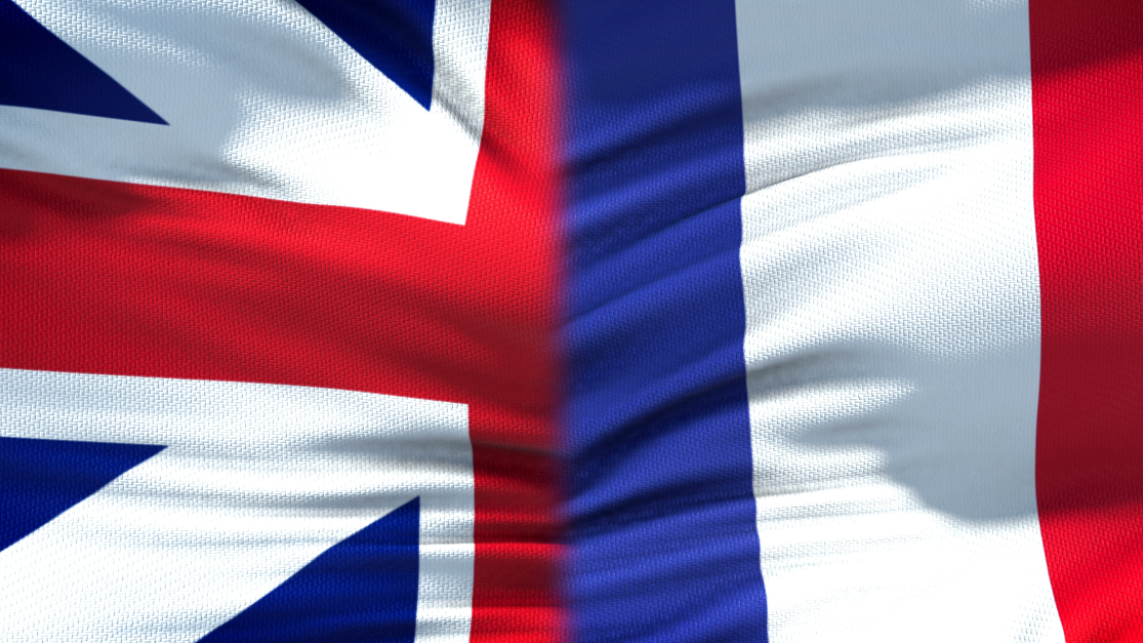 The French flag and half the Union Jack shown together, signifying collaboration
