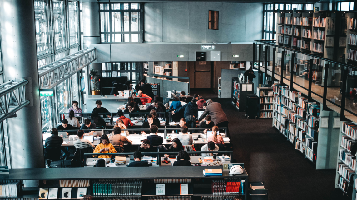 A large student group in a library, each at the workstations
