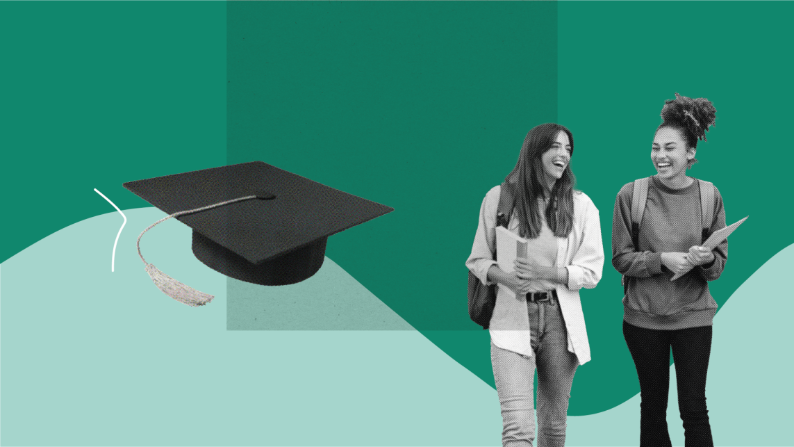 Two students walking and chatting alongside an image of a mortar board