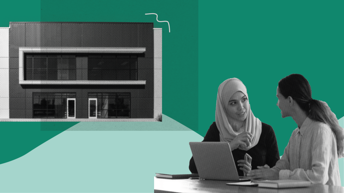 Two women sitting at a laptop next to an image of a university campus building