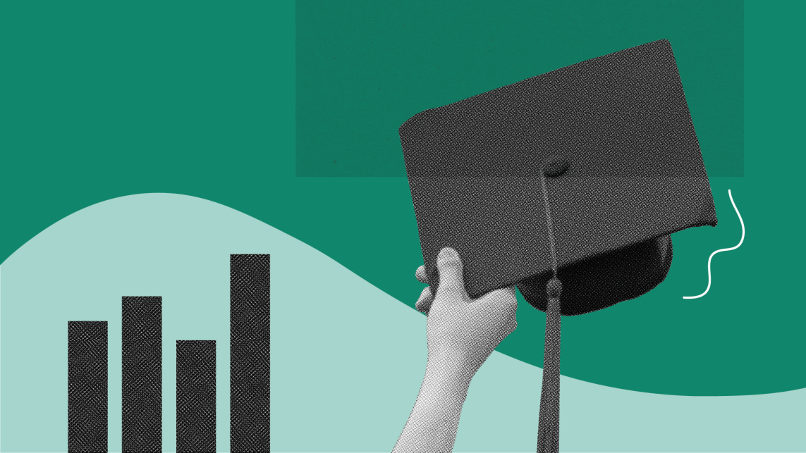 Hand holding up a mortar board and an abstract illustration of a bar chart