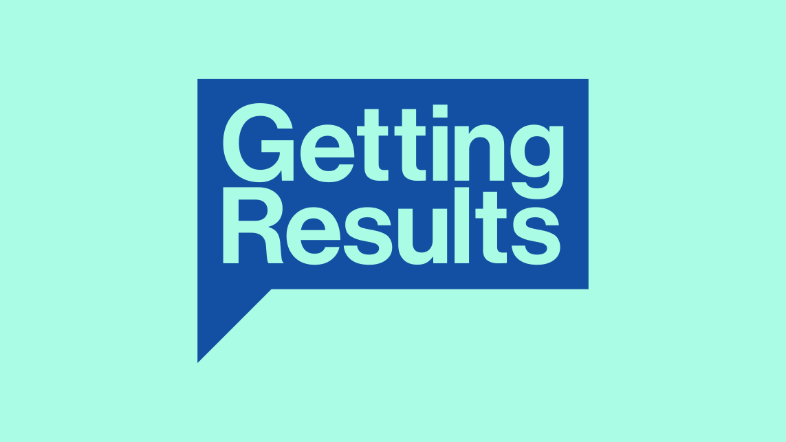 Dark blue Getting Results logo on mint green background