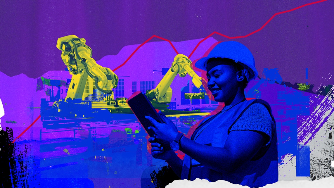illustration mockup on female engineer on purple background with robotic lab arms in background