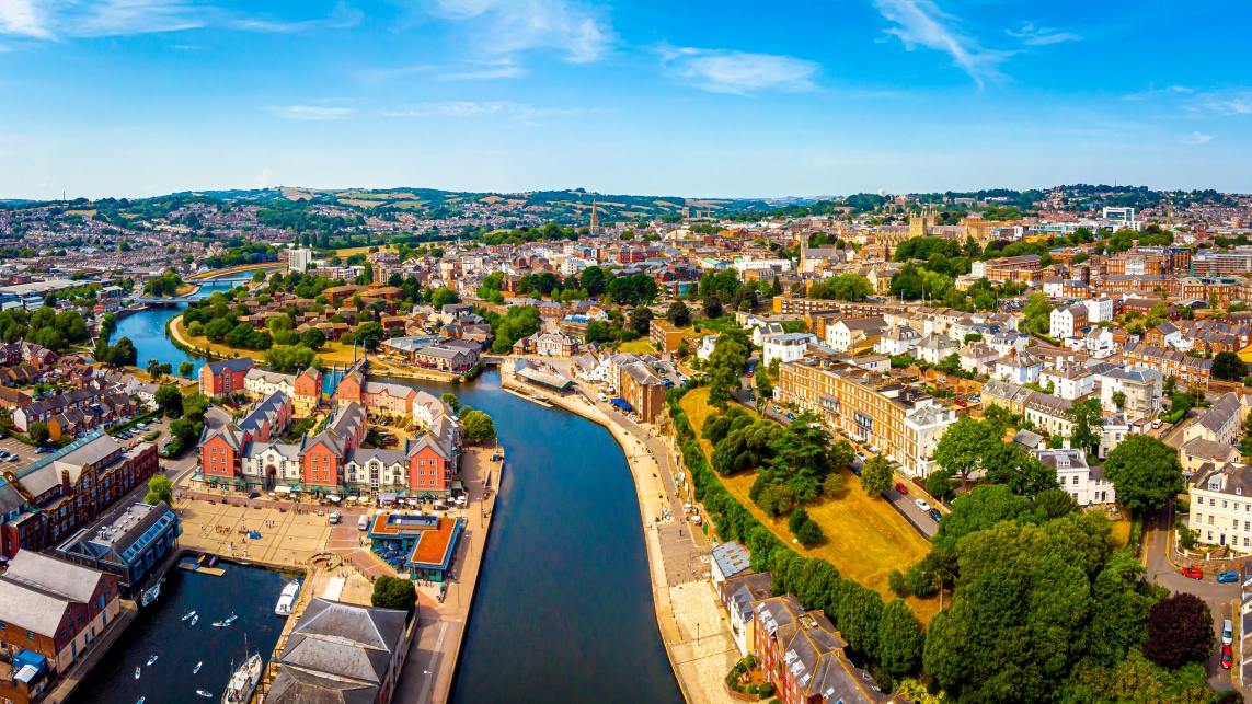 Aerial view of Exeter city and River Exe on a sunny day.