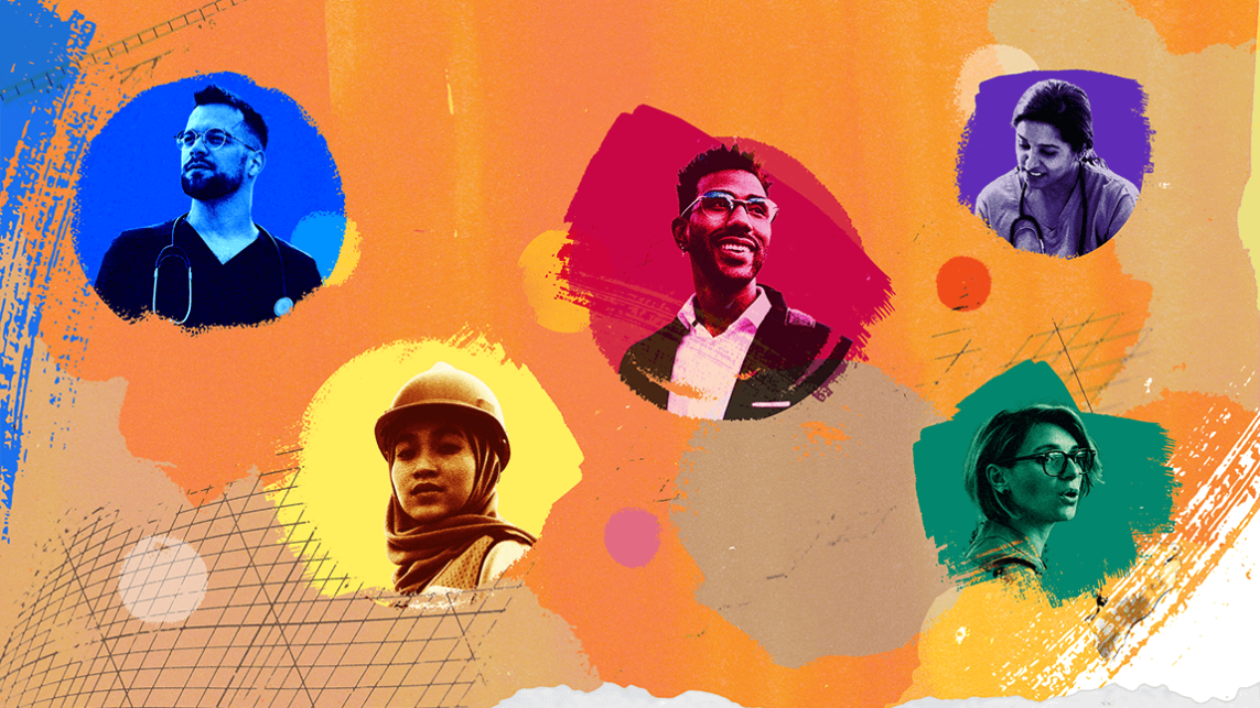 illustration mockup of five different student faces on an orange background