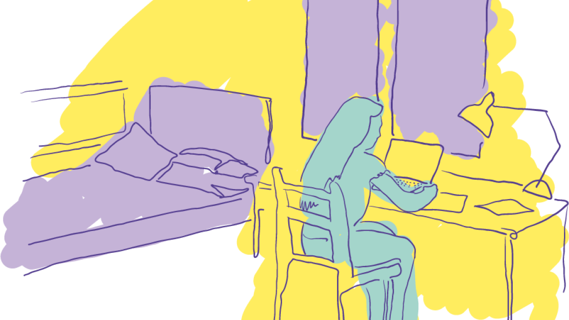handrawn illustration of a student in her bedroom working on a laptop