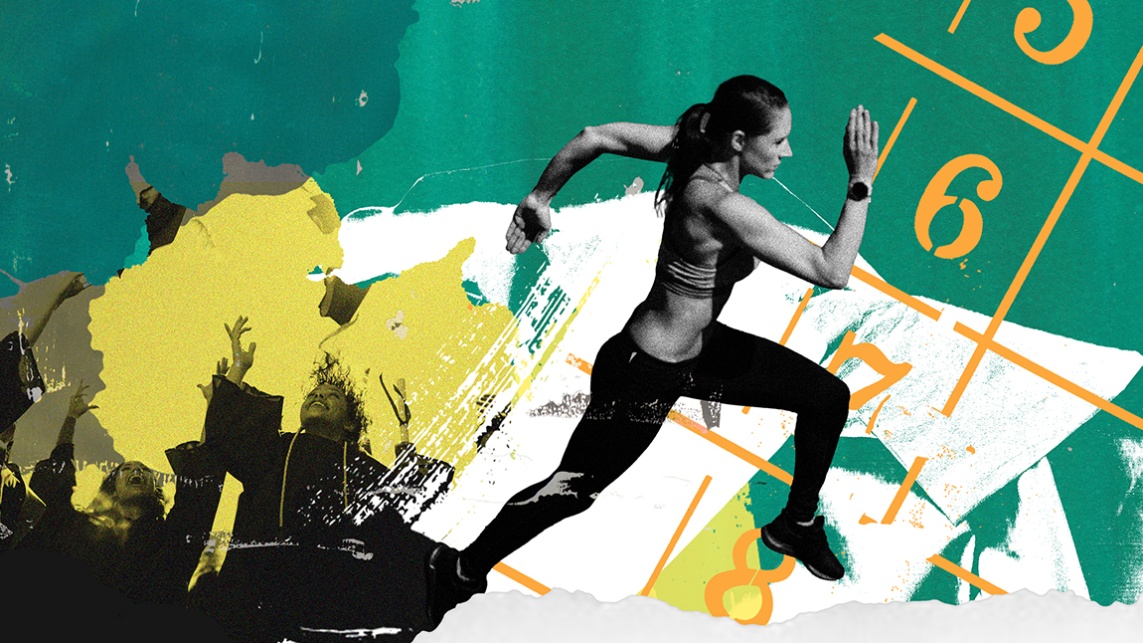 illustration mockup on woman running against green background with numbers and students graduating
