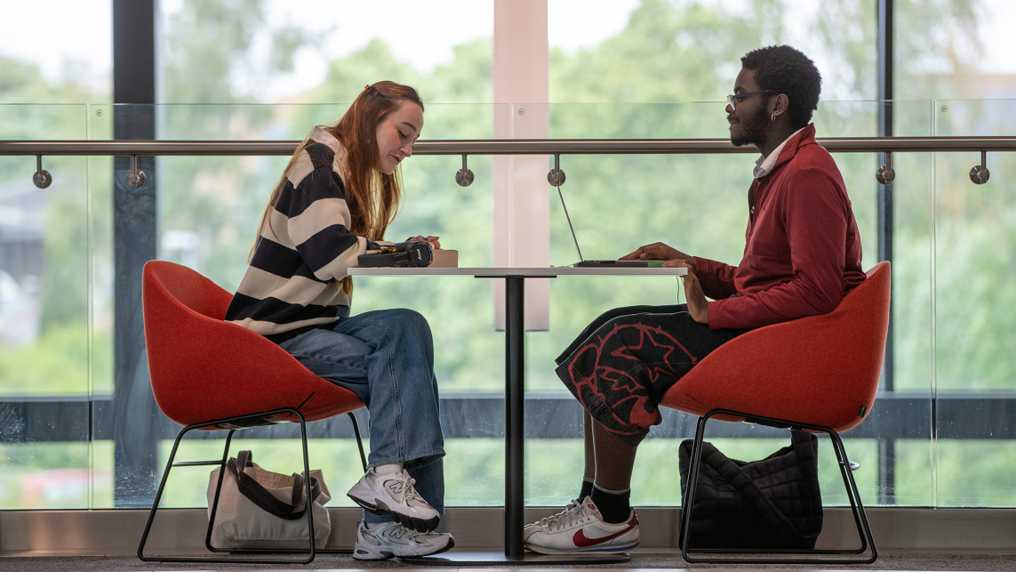 Two students work together in a study space at Durham University. They sit at a table on a raised platform with views of a leafy campus outside the window.
