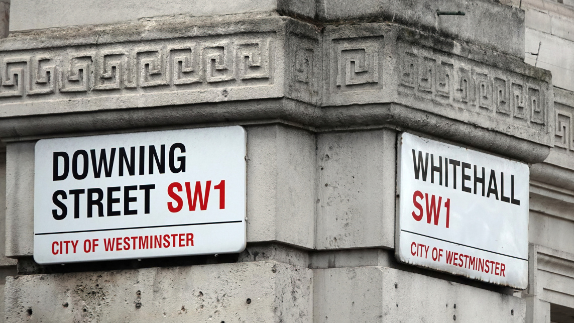 Building corner of Downing Street and Whitehall with both street signs on the building.