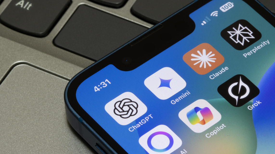 Smartphone showing several AI chatbot and assistant apps on screen