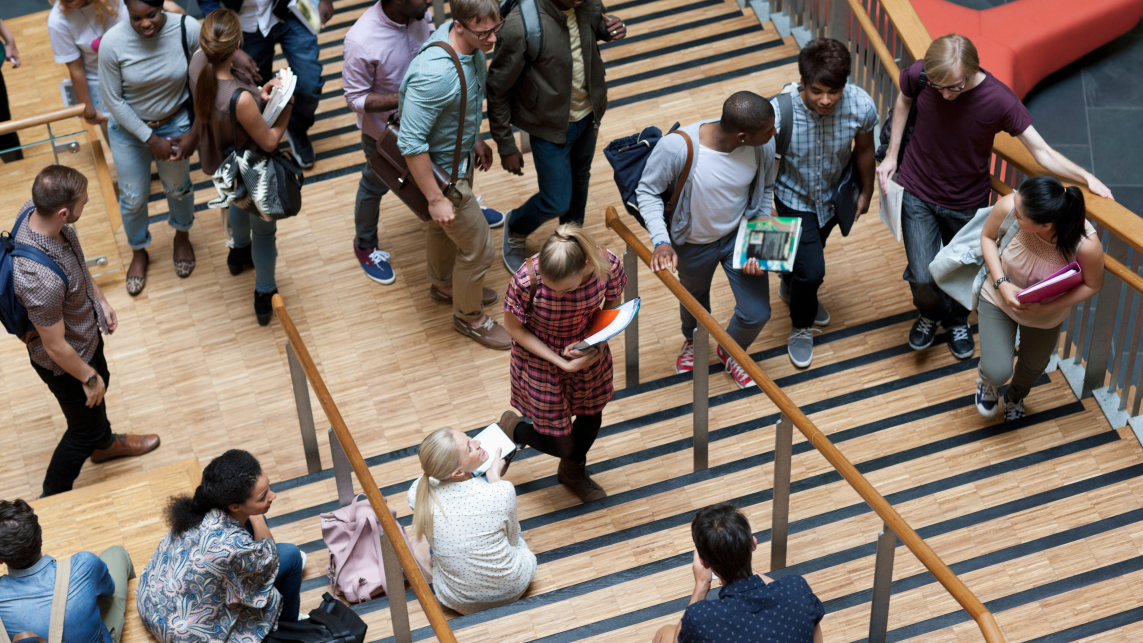 A bird-eye view of a busy university campus building