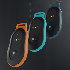 Three AI-driven Digital Nose devices displayed against a black background. The devices are orange, aqua and navy.