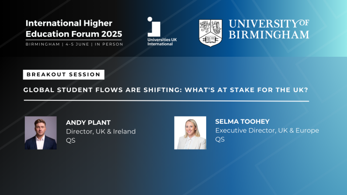 Breakout session: Global Student Flows are Shifting: What's at Stake for the UK?, dispalying the session lineup: Andy plant Director, UK & Ireland QS and SELMA TOOHEY Executive Director, UK & Europe QS