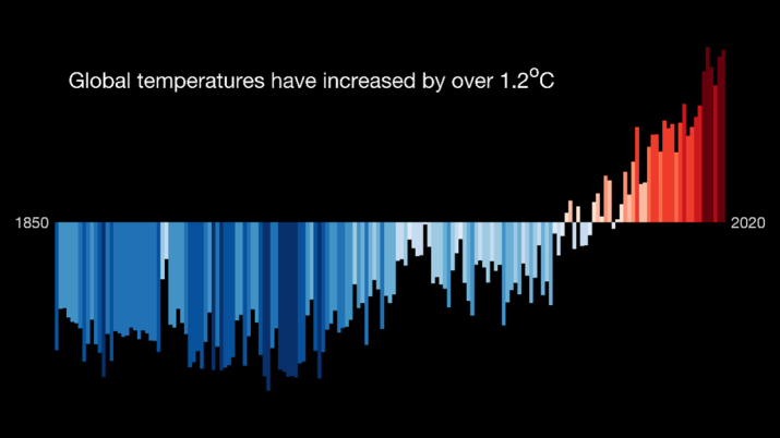 A bar chart showing the global temperature increase from 1850 to 2020, showing an increase to 1.2 degrees centigrade  