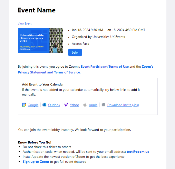 Zoom events email example