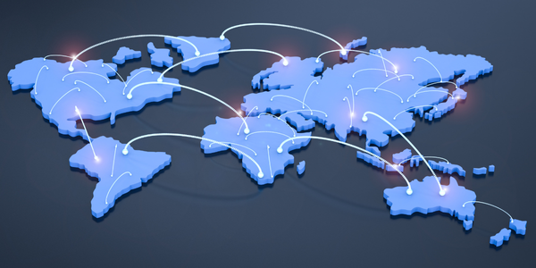 World map showing lines between nations, representing connections. 