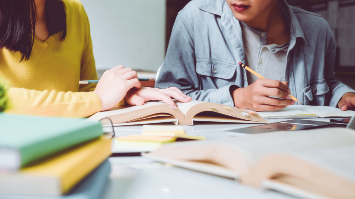 Decorative image of two students discussing