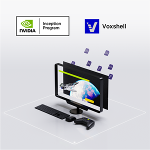 Voxshell spinout product image with a computer, keyboard and mouse on a white background. The Voxshell logo is in the top left coner.
