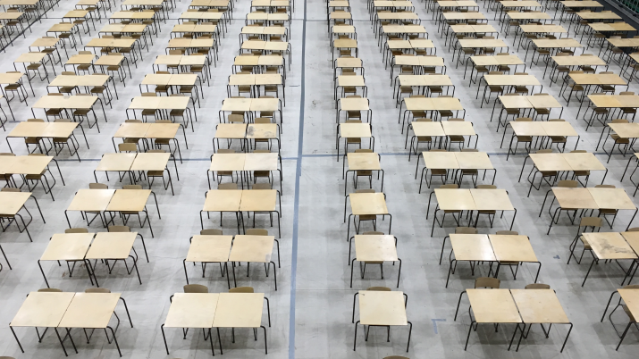 A large, empty exam theatre from above
