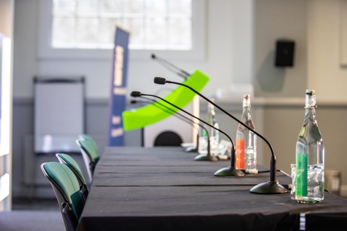 empty panel table at the conference centre 