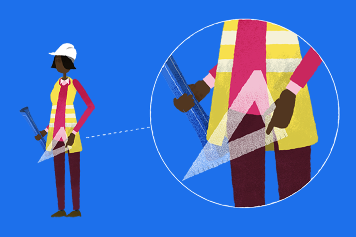 Illustration of a Black researcher wearing a yellow hi-vis and white helmet, holding a blueprint and a set square