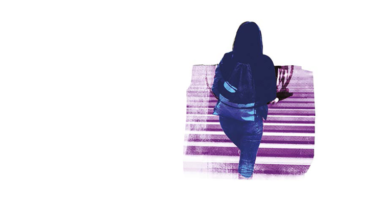 Illustration of student walking up campus steps
