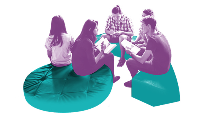 Illustration of students talking in a circle