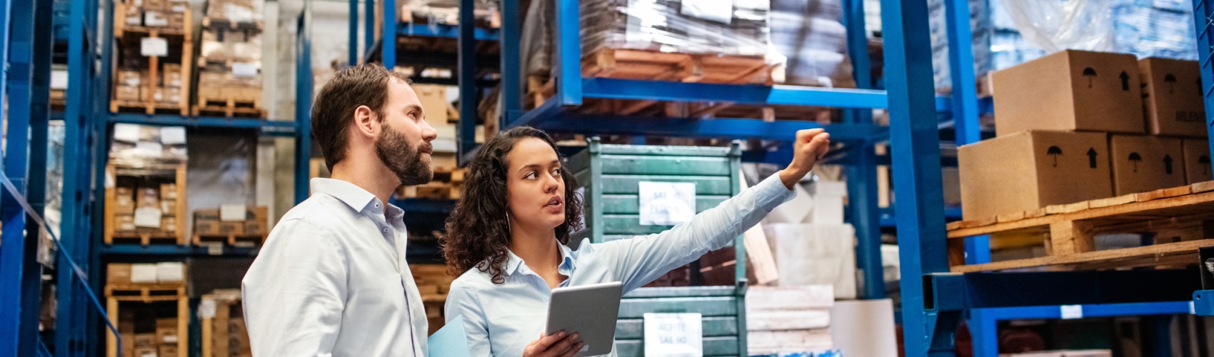 Manager and supervisor taking inventory in warehouse