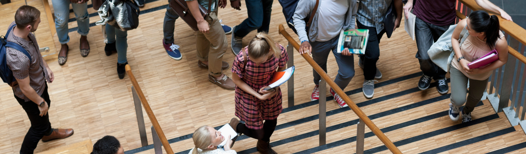 A bird-eye view of a busy university campus building