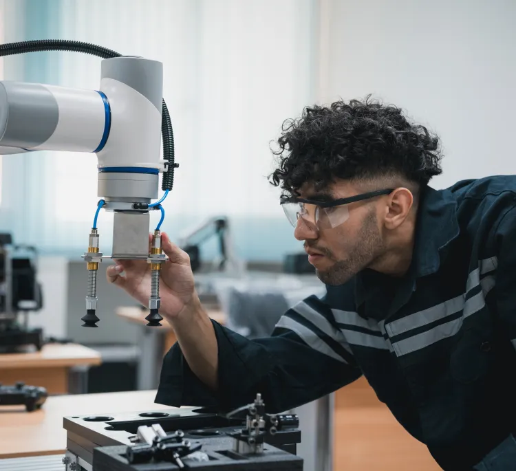 Man wearing goggles and assembling a robotic arm
