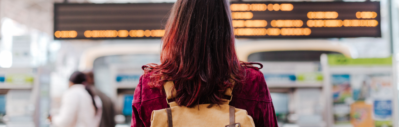 A student checking the information panels into a train station