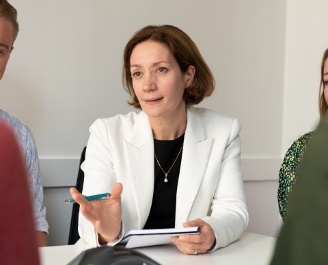 Vivienne Stern speaking to colleagues in a meeting room