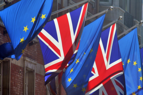 EU and Brexit flags fly against a building