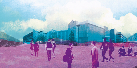 collage of students on a campus with a university building in the distance