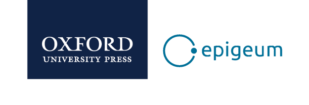two logos, one dark blue background with white text reading oxford university press, one circle with dot in teal with text in teal reading 'epigeum'