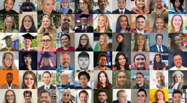 Grid of 100 photos of first generation students and graduates