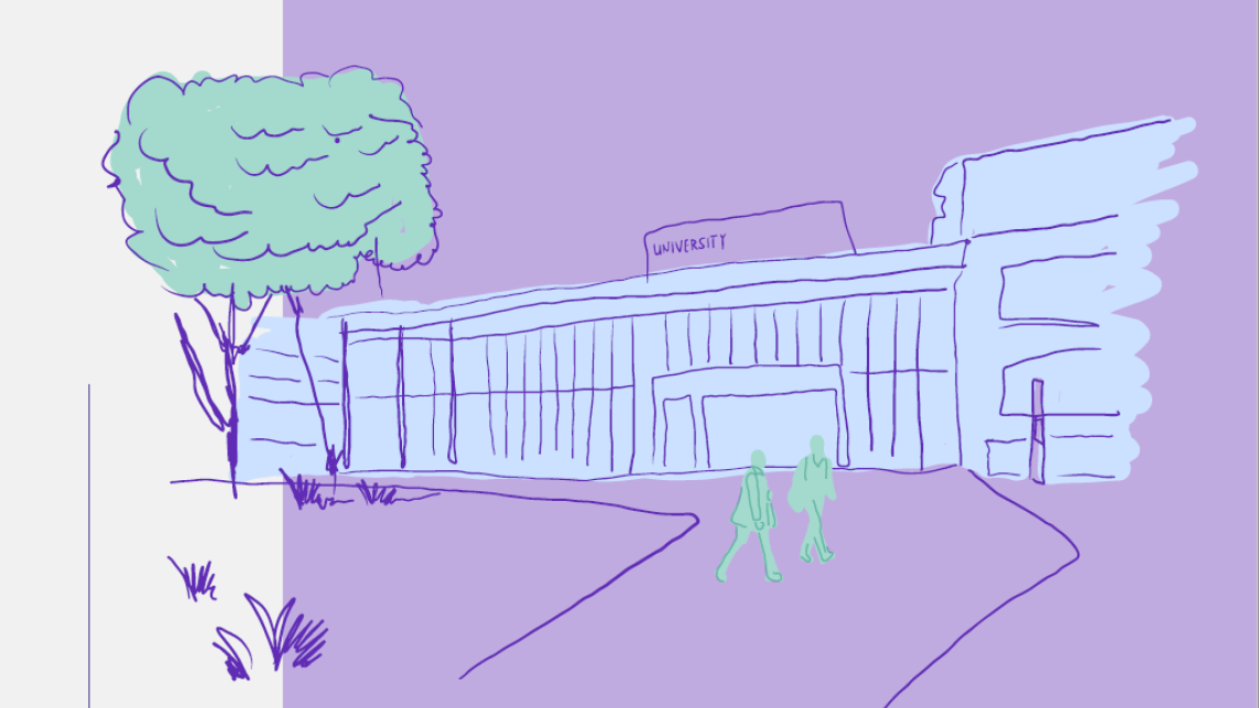 Drawing of a university building with two students walking in front of it